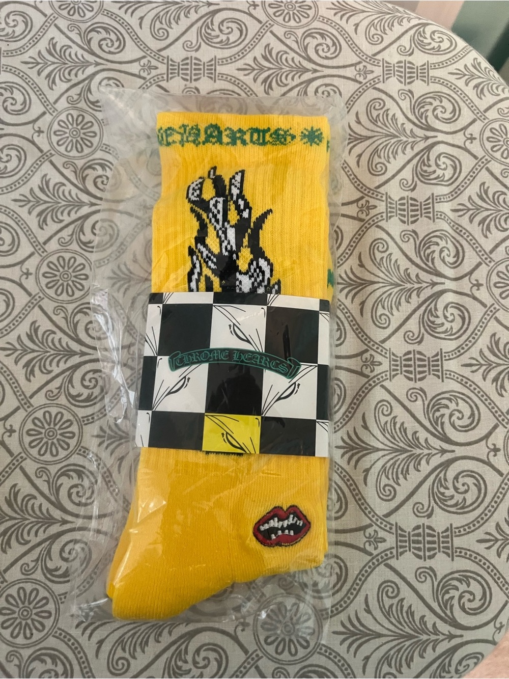 Chrome Hearts Yellow Graphic Crew Socks with Red Lip Patch